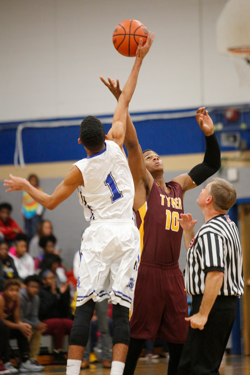 CSAS's Troy Pride gets the tip over Tyner's Solomon Bridgeman during their prep basketball game at Chattanooga School for the Arts and Sciences on Friday, Dec. 7, 2018, in Chattanooga, Tenn.