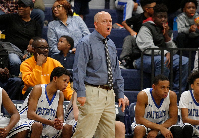 CSAS basketball coach Mark Dragoo shouts to players during their prep basketball game against Tyner at Chattanooga School for the Arts and Sciences on Friday, Dec. 7, 2018, in Chattanooga, Tenn. 