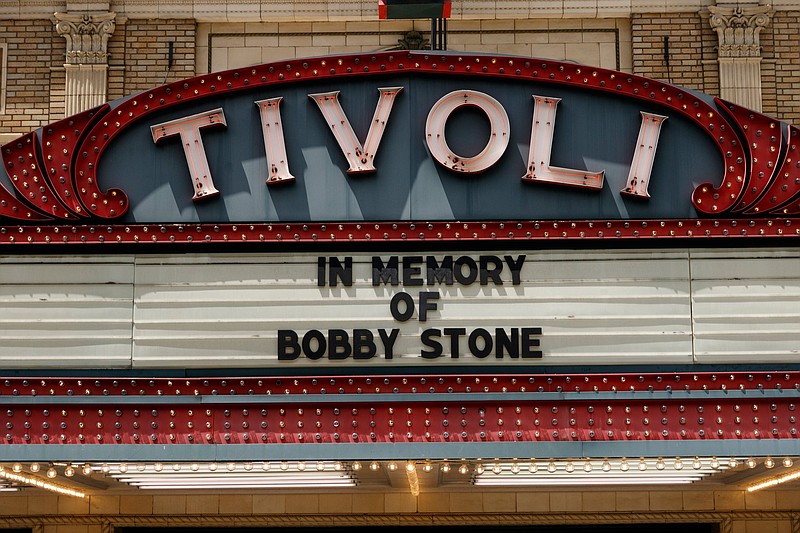 The marquee of the Tivoli Theater reads "In Memory of Bobby Stone" on Aug. 10.