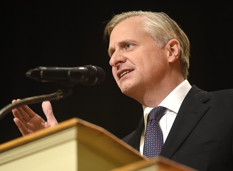 Historian Jon Meacham addresses the students, staff and friends of McCallie School during a chapel talk.  McCallie School hosted Pulitzer prize-winning presidential historian Jon Meacham ’87 at a chapel talk to students on December 10, 2018.