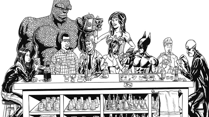 Artist Todd Johnston's drawing shows comic book characters sitting around a bar. Local comics and gaming store Infinity Flux is raising money to help open Hall of Heroes, a comics- and gaming-themed pub. The affiliated Kickstarter campaign runs through Dec. 20.