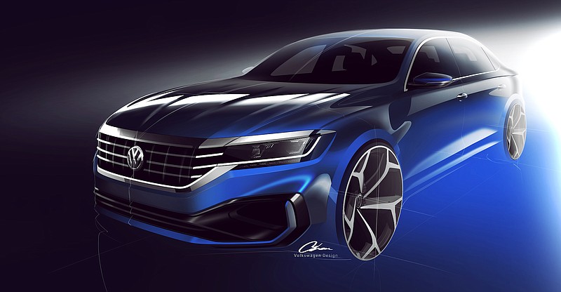 Contributed rendering by Volkswagen / This sketch of the 2020 Passat shows the new exterior sheet metal the midsize sedan will hold. The vehicle is to be revealed at the Detroit auto show next month.