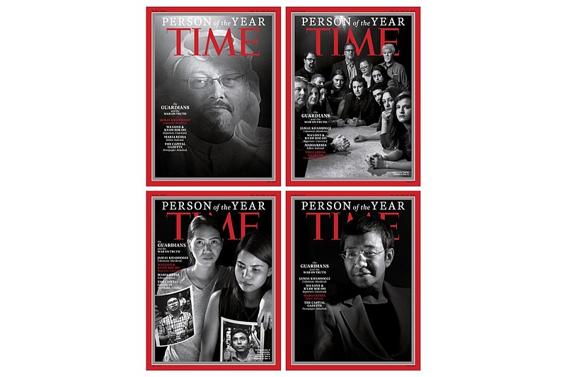 This combination photo provided by Time Magazine shows their four covers for the "Person of the Year," announced Tuesday, Dec. 11, 2018. The covers show Jamal Khashoggi, top left, members of the Capital Gazette newspaper, of Annapolis, Md., top right, Wa Lone and Kyaw Soe Oo, bottom left, and Maria Ressa. The covers, which Time called the "guardians and the war on truth," were selected "for taking great risks in pursuit of greater truths, for the imperfect but essential quest for facts that are central to civil discourse, for speaking up and speaking out." (Time Magazine via AP)