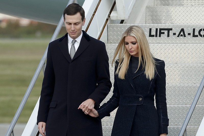 FILE - In this Oct. 30, 2018, file photo, Ivanka Trump, right, departs Air Force One with Jared Kushner in Coraopolis, Pa. An Associated Press investigation found President Donald Trump’s daughter and son-in law stand to benefit from a program they pushed that offers massive tax breaks to developers who invest in downtrodden American areas.(AP Photo/Keith Srakocic, File)