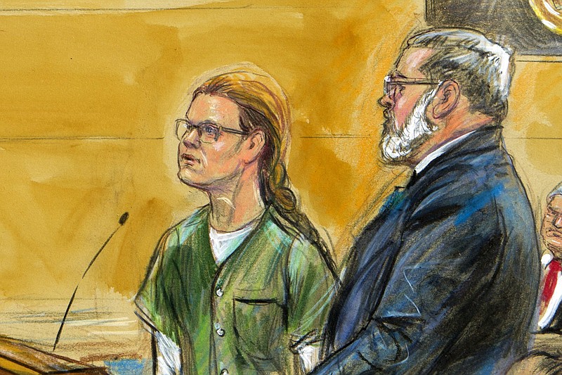 In this courtroom sketch, Maria Butina, left, is shown next to her attorney Robert Driscoll, before U.S. District Judge Tanya Chutkan, during a court hearing at the U.S. District Court in Washington, Thursday, Dec. 13, 2018. Maria Butina, a Russian accused of being a secret agent for the Russian government, has pleaded guilty to a conspiracy charge in federal court in Washington. (Dana Verkouteren via AP)