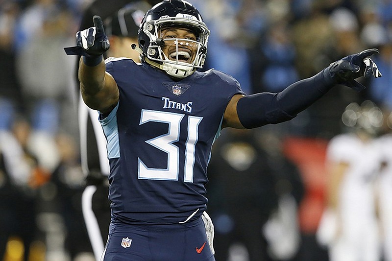 Tennessee Titans free safety Kevin Byard celebrates the sacking of Jacksonville Jaguars quarterback Cody Kessler, not pictured, during the first half their Dec. 6 game in Nashville.