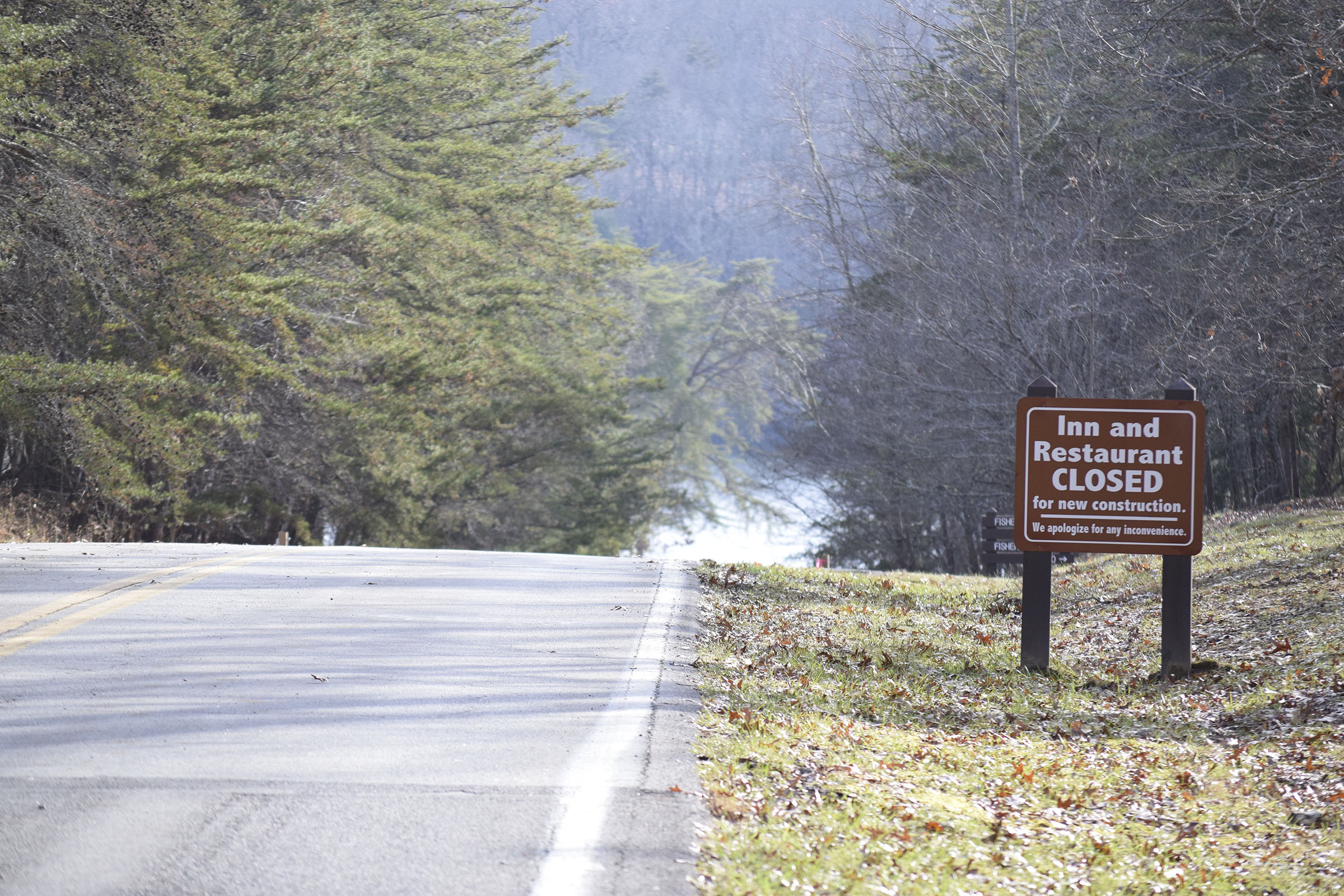 A sign on the road leading to the site of the former Fall Creek Falls State Park Inn on Dec. 13, 2018, tells visitors the facility is closed for new construction.