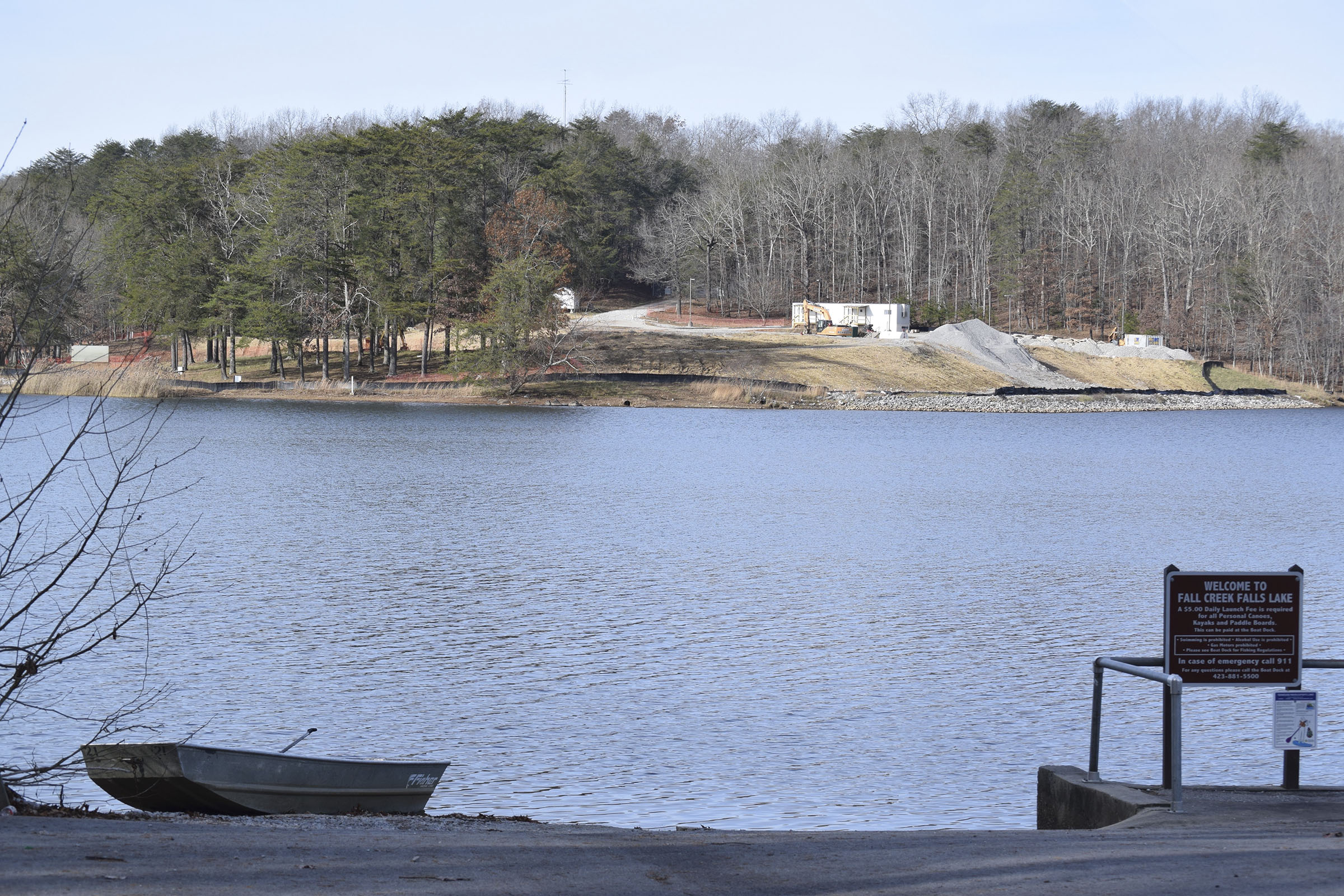 The site of the former Fall Creek Falls State Park Inn is seen across Fall Creek Falls Lake from a boat ramp on Dec. 13, 2018.