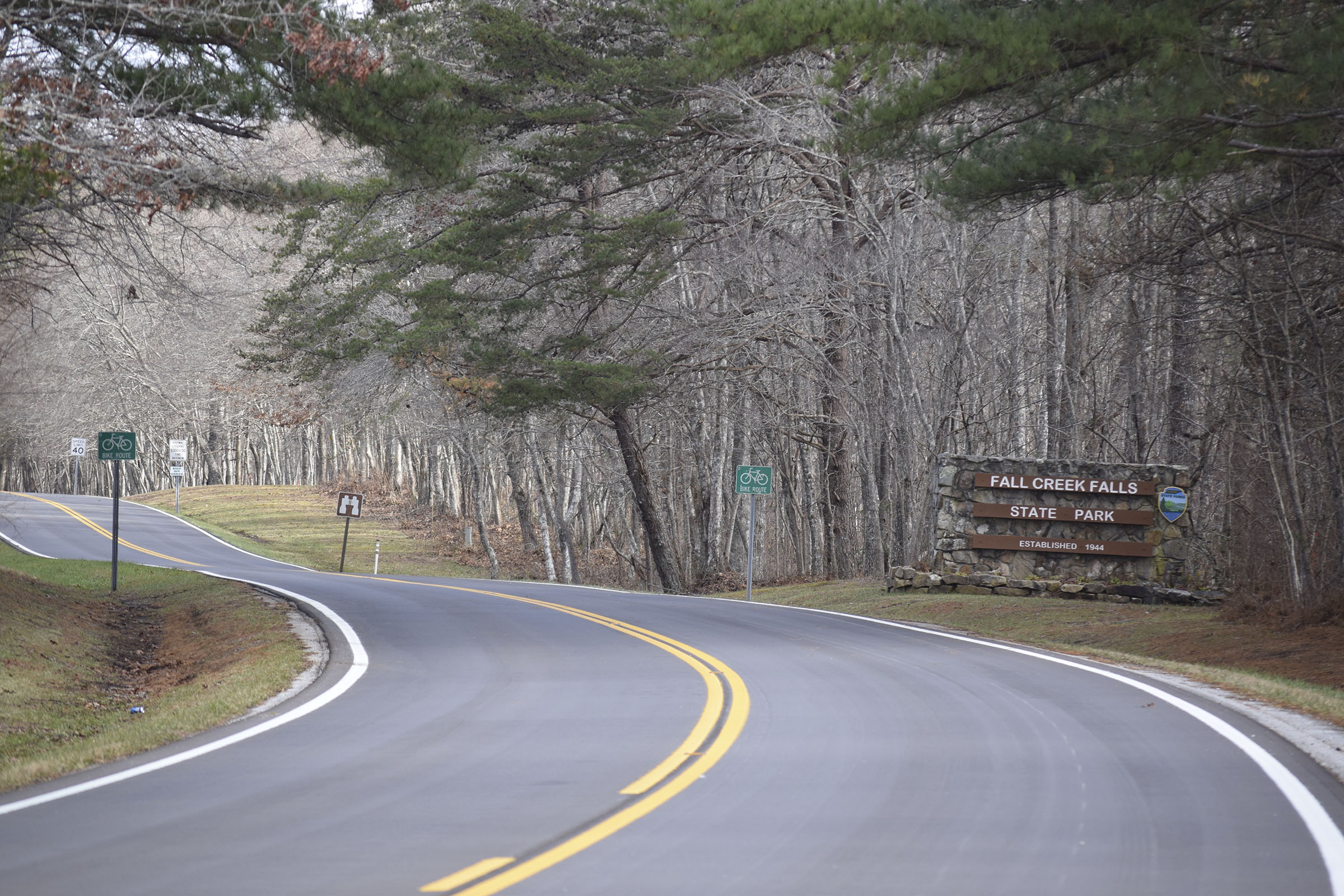 The south entrance to Fall Creek Falls State Park is seen on Dec. 13, 2018.