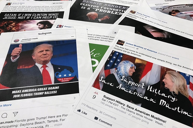 Some of the Facebook and Instagram ads linked to a Russian effort to disrupt the American political process and stir up tensions around divisive social issues, released by members of the U.S. House Intelligence committee, are photographed in Washington, on Wednesday, Nov. 1, 2017. A report compiled by private researchers and released by the Senate intelligence committee Monday says that "active and ongoing" Russian interference operations still exist on social media platforms, and that the Russian operation discovered after the 2016 presidential election was much broader than once thought. (AP Photo/Jon Elswick)

