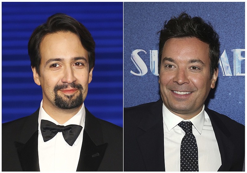 This combination photo shows actor Lin-Manuel Miranda at the "Mary Poppins Returns" premiere in London on Dec. 12, 2018, left, and TV late night host Jimmy Fallon at the opening night of "Summer: The Donna Summer Musical" in New York on April 23, 2018. "The Tonight Show Starring Jimmy Fallon" will do a special episode from Puerto Rico on January 15. The telecast, in which Miranda will appear, will focus on the spirit and culture of Puerto Rico in its efforts to rebuild and raise awareness following the devastating hurricane that struck the U.S. territory on Sept. 20, 2017. Miranda will reprise his lead role in the musical "Hamilton" from Jan. 8-27 at the University of Puerto Rico to raise money for the Flamboyan Arts Fund. (AP Photo)

