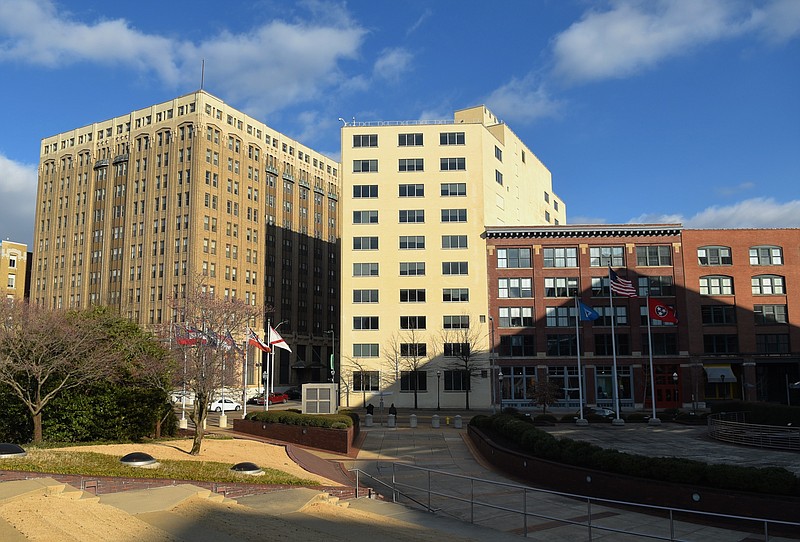 Patten Towers, left, is undergoing a $25 million purchase and renovation. At right is the Edney Building and a portion of Warehouse Row.