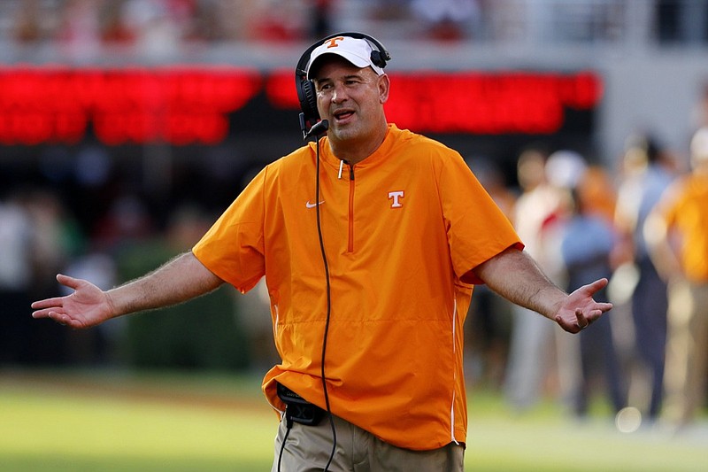 Tennessee football coach Jeremy Pruitt reacts during the Vols' game at Georgia in September.