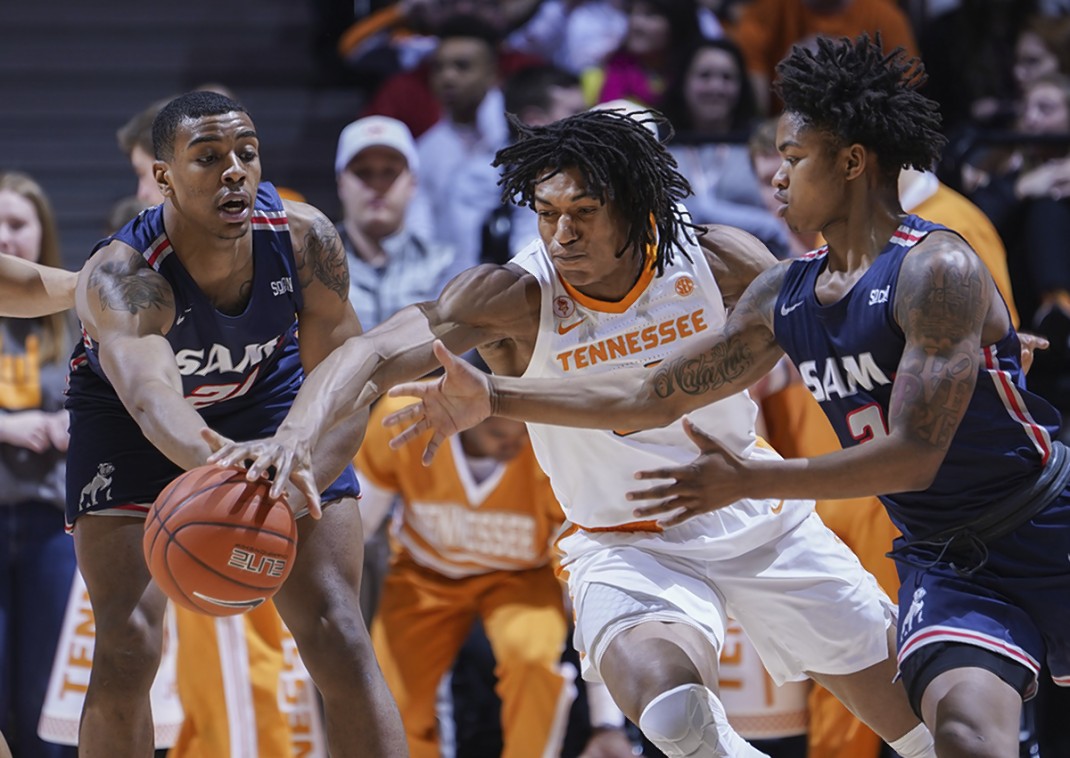 Tennessee's Yves Pons steals the ball during the Vols' win against Samford on Wednesday night at Thompson-Boling Arena in Knoxville.