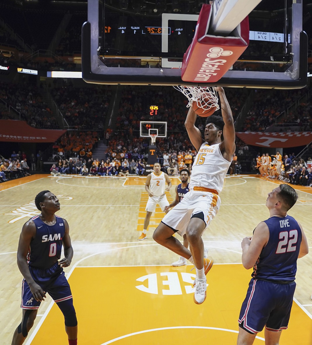 Tennessee's Derrick Walker dunks during Wednesday night's game against Samford at Thompson-Boling Arena in Knoxville.