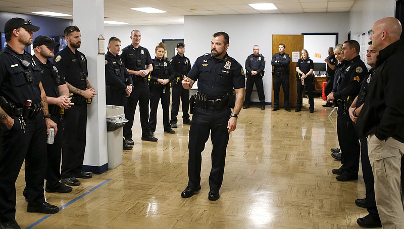 Chattanooga Police Chief David Roddy talks to his officers during lineup before they go on patrol at the Police Services Center on Tuesday, Dec. 18, 2018 in Chattanooga, Tenn.