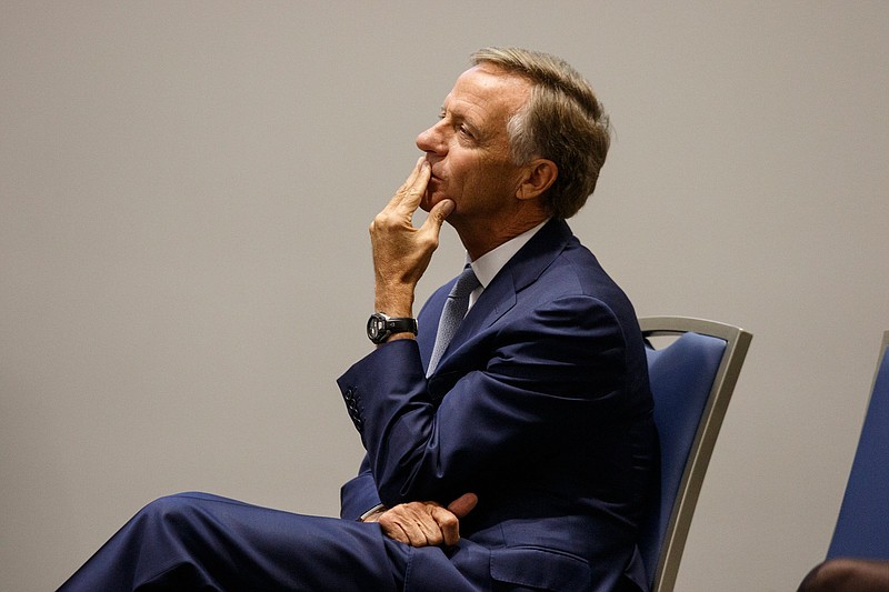Gov. Bill Haslam listens to a speaker during a visit to the campus of the University of Tennessee at Chattanooga on Thursday, Nov. 8, 2018, in Chattanooga, Tenn. Gov. Haslam released the fifth annual report by the Employment First Task Force during the visit, which shows the task force's efforts to increase employment for people with disabilities.