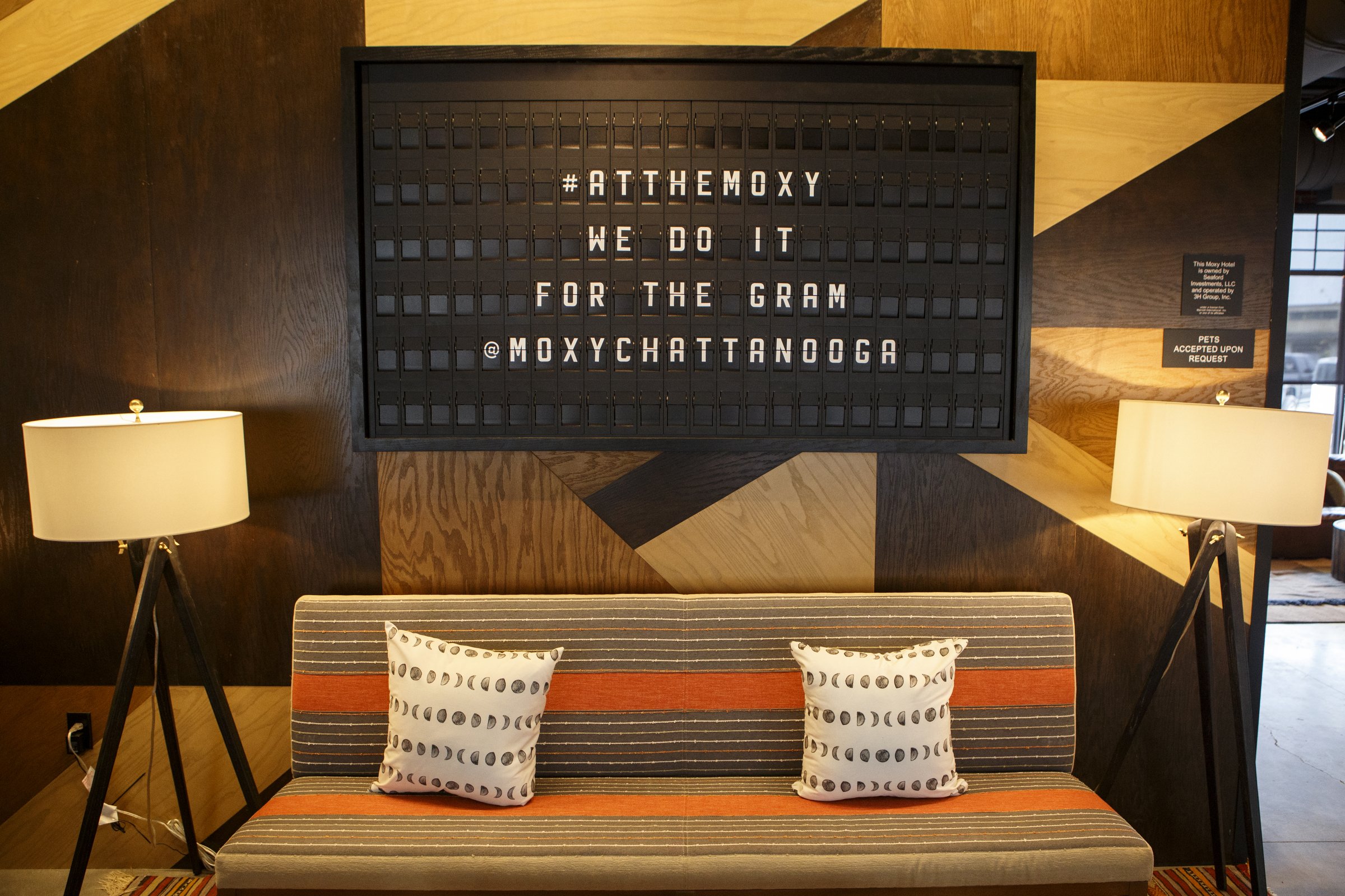 The ticker board is seen at the Moxy Hotel on Thursday, Nov. 15, 2018 in Chattanooga, Tenn.
