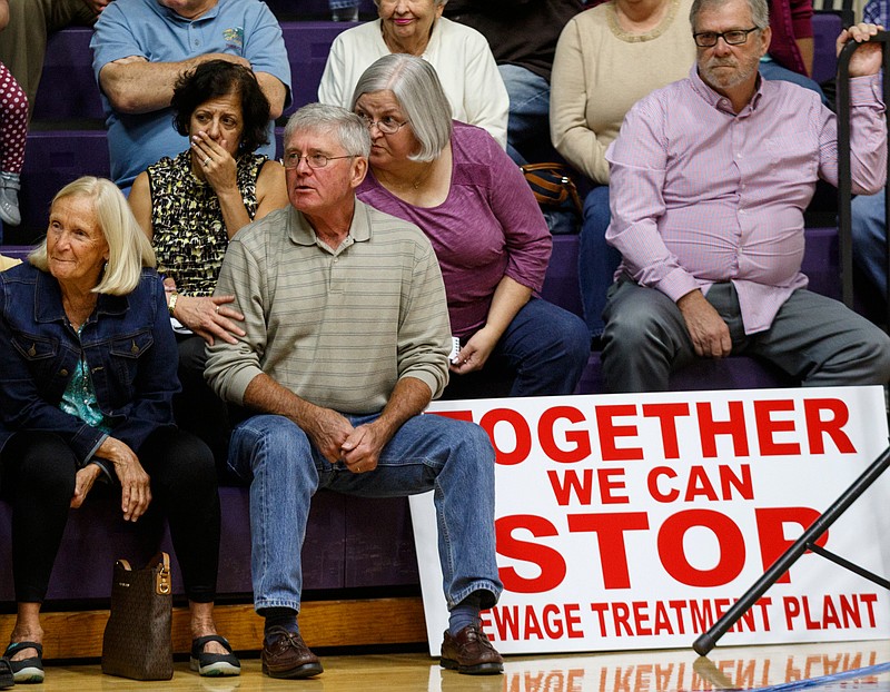 Staff file photo by Doug Strickland / Community members react to an answer during a Water and Wastewater Treatment Authority public input session in October about a proposed sewage treatment plant in Ooltewah.
