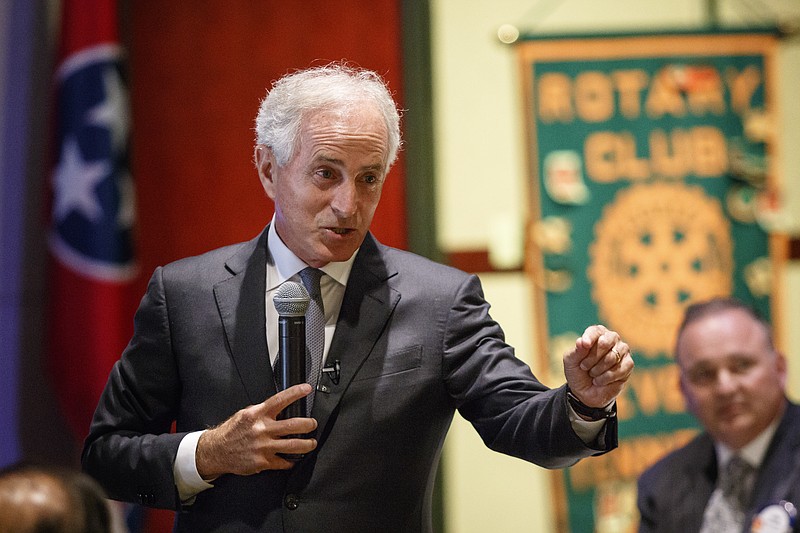 U.S. Sen. Bob Corker speaks at a luncheon hosted by the Rotary Club of Cleveland at the Museum Center at 5ive Points on Tuesday, Aug. 15, 2017, in Chattanooga, Tenn. Corker took questions from rotarians about current events on topics including North Korea, healthcare and President Donald Trump.