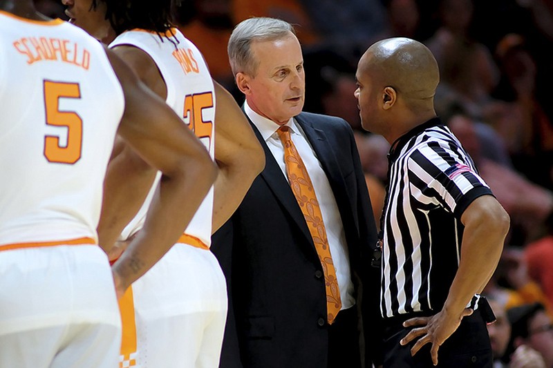 Tennessee men's basketball coach Rick Barnes talks to an official during the second half of the Vols' 96-53 home win against Tennessee Tech on Saturday in Knoxville.