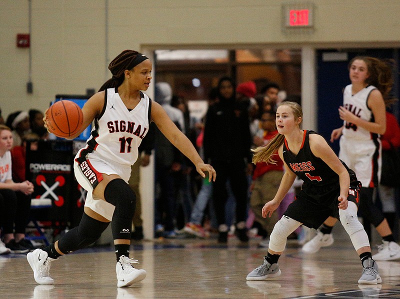 Signal Mountain's Jaylah Hardy dribbles as Meigs County's Jacelyn Stone defends during the Best of Preps basketball tournament's girls' championship game Saturday night at Chattanooga State.