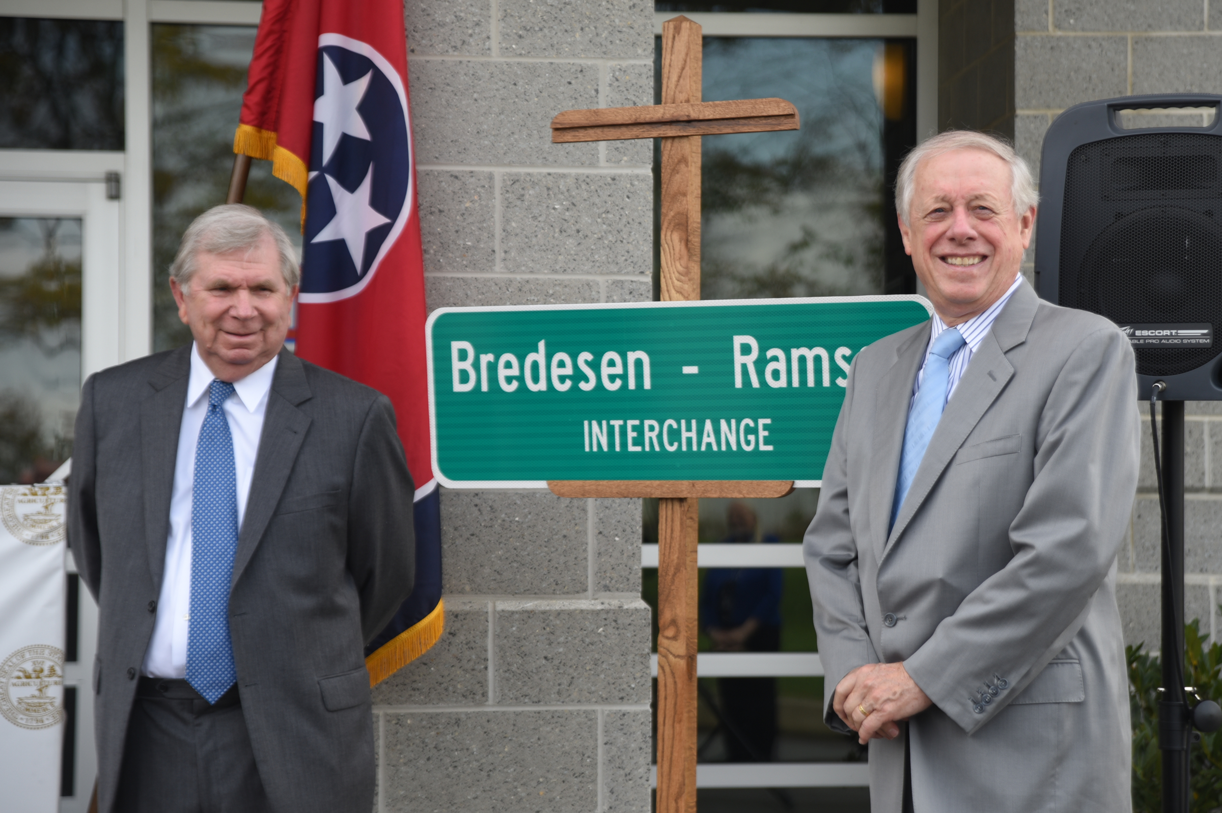 Staff Photo by Angela Lewis Foster /
Former Hamilton County Mayor Claude Ramsey, left, and former Governor Phil Bredesen are recognized during an event at the TDOT Transportation Management Center in Chattanooga, Tenn., on Thursday, October 29, 2015, to name the exit 9 Interchange on I-75 after the two men.