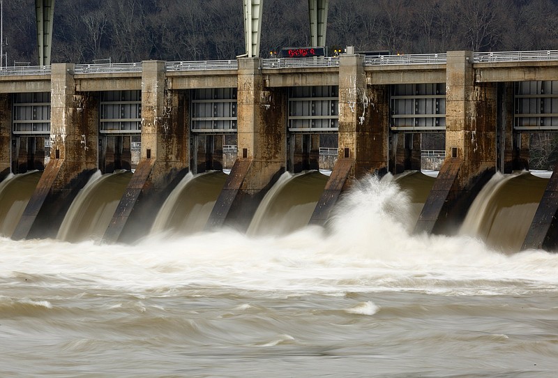 TVA spills water at the Chickamauga Dam on Wednesday, Jan. 2, 2019, in Chattanooga, Tenn. The Tennessee Valley Authority has declared 2018 the wettest year on record for the Tennessee Valley region with 67.1 inches of rainfall, surpassing a previous record of 65.1 inches set in 1973.