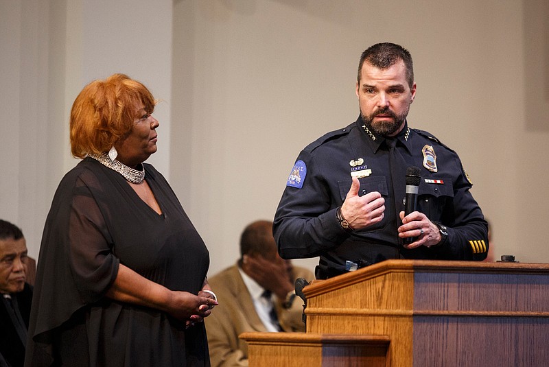 Chattanooga Police Chief David Roddy, right, announces a diversity program alongside NAACP chapter President Elenora Woods during the NAACP's 77th Annual Jubilee Celebration at Greater Emmanuel Apostolic Church on Tuesday, Jan. 1, 2019, in Chattanooga, Tenn. Jubilee celebrates the emancipation of black slaves by President Abraham Lincoln on Jan. 1, 1863. Eldrin Bell, the first African American police chief of Atlanta, was the celebration's keynote speaker.