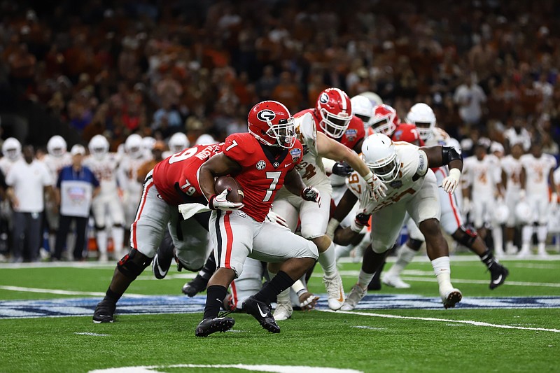 Georgia sophomore tailback D'Andre Swift, who had rushed for 1,037 yards and averaged 6.7 yards a carry this season entering the Sugar Bowl, was held to 12 yards on eight rushes during the Bulldogs' 28-21 loss to Texas on Tuesday night in New Orleans.