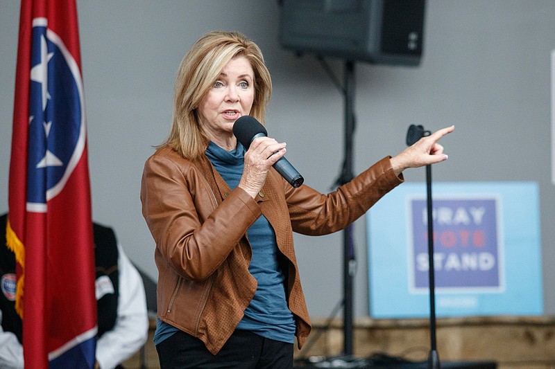 U.S. Senatorial candidate Marsha Blackburn speaks during an appearance at East Ridge Motors on Saturday, Oct. 27, 2018, in East Ridge, Tenn. Blackburn appeared at the campaign event along with U.S. Rep. Chuck Fleischmann and representatives from the Family Research Council.