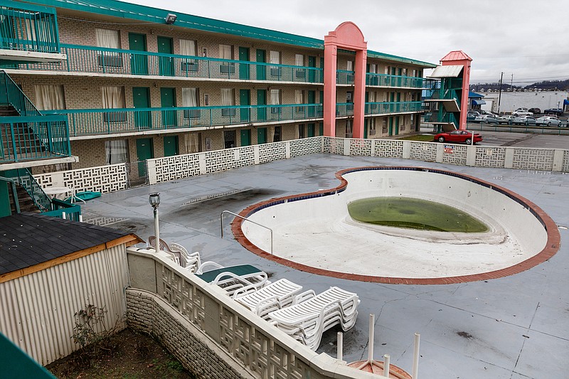 The pool is drained for winter at the Chatt City Suites extended stay motel on Thursday, Jan. 3, 2019, in Chattanooga, Tenn. In a memo dated Dec. 27, residents were told that they must vacate their rooms by January 15 to accommodate renovations to the motel.