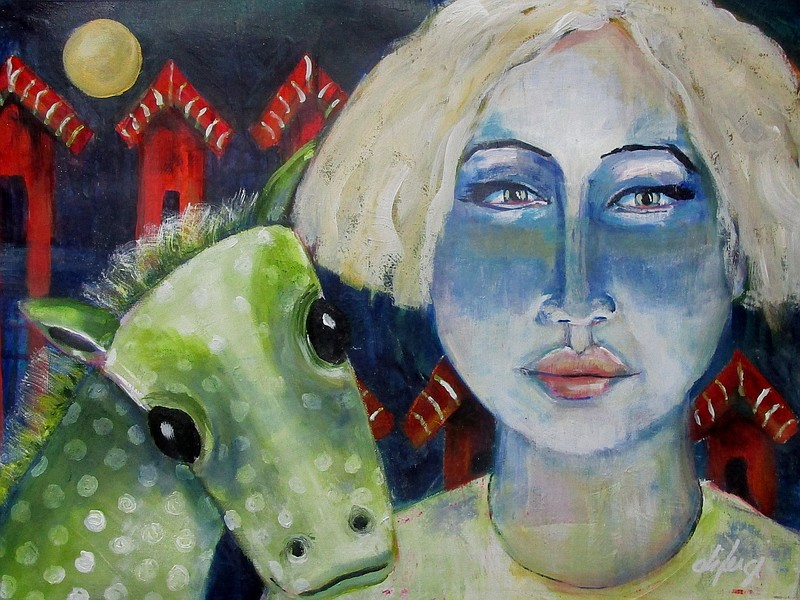 Artist Diana Ferguson says "The Night Circus," an 18- by 24-inch acrylic, is one of her favorite pieces. "Perhaps it is because of my love affair with deep blue ... maybe because I love a simple pure image." The animal in the bottom left corner is "kind of between a horse and a dog" and represents "unconditional acceptance." That the creature seems to be "photo-bombing" the image just adds to the piece's fun spirit, she says.  (Photos from Diana Ferguson)