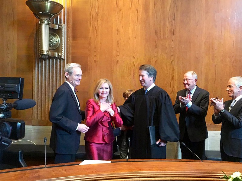 Tennessee's Marsha Blackburn was sworn in Thursday, Dec. 3, 2019, as Tennessee's newest U.S. senator. Blackburn tweeted this message and photo: It is an honor to be sworn in today to represent Tennessee in the United States Senate by Supreme Court Justice Brett Kavanaugh alongside @SenAlexander and @SenBobCorker. (Photo courtesy of twitter.com/MarshaBlackburn)