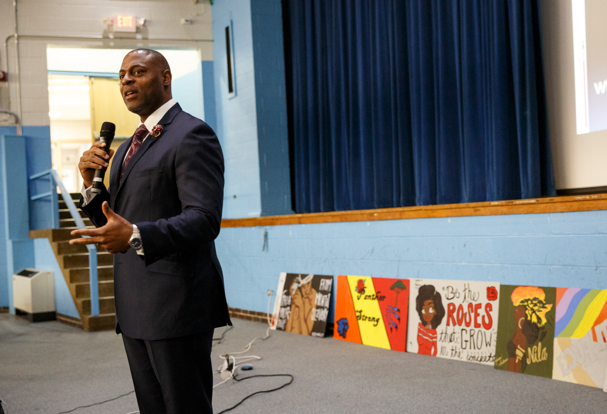 Robert Jackson speaks at the Hamilton County Opportunity Zone's second Urban Teacher Institute at Brainerd High School on Friday, Jan. 4, 2019, in Chattanooga, Tenn.