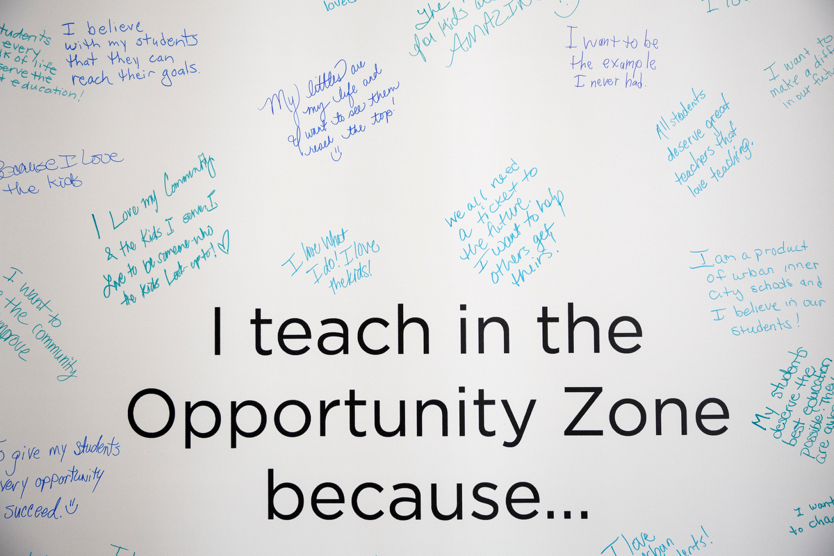 Signatures fill a board at the Hamilton County Opportunity Zone's second Urban Teacher Institute at Brainerd High School on Friday, Jan. 4, 2019, in Chattanooga, Tenn.