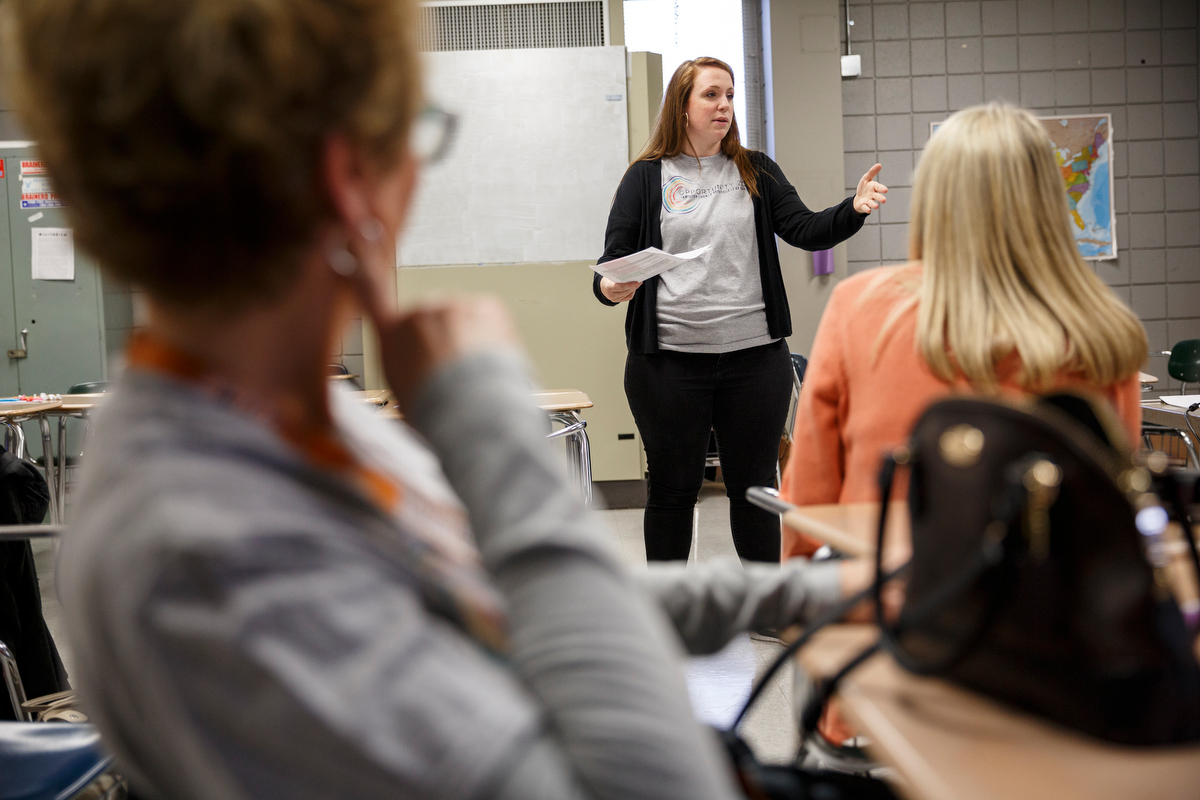 Jenn Whalen leads a workshop on managing trauma at Brainerd High School on Friday, Jan. 4, 2019, in Chattanooga, Tenn. The workshop was part of the Hamilton County Opportunity Zone's second Urban Teacher Institute which took place at Brainerd on Friday.
