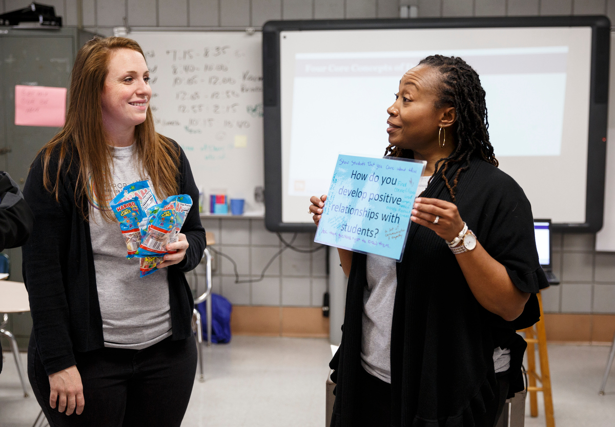 Celeste McKenzie, right, and Jenn Whalen lead a workshop on managing trauma at Brainerd High School on Friday, Jan. 4, 2019, in Chattanooga, Tenn. The workshop was part of the Hamilton County Opportunity Zone's second Urban Teacher Institute which took place at Brainerd on Friday.