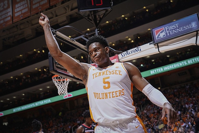 Admiral Schofield, shown celebrating a big play, scored 18 points to help Tennessee beat Georgia in the SEC opener for both teams at Thompson-Boling Arena this past season in Knoxville.
