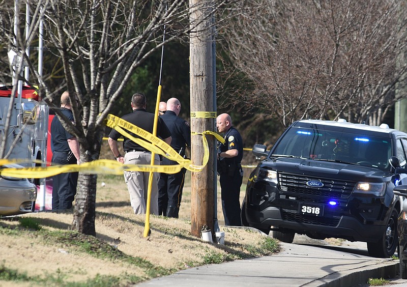 Chattanooga police work the scene where a two-year-old child was struck and killed in a parking lot in the 3400 Wilcox Boulevard on Monday morning, Jan. 7, 2019.
