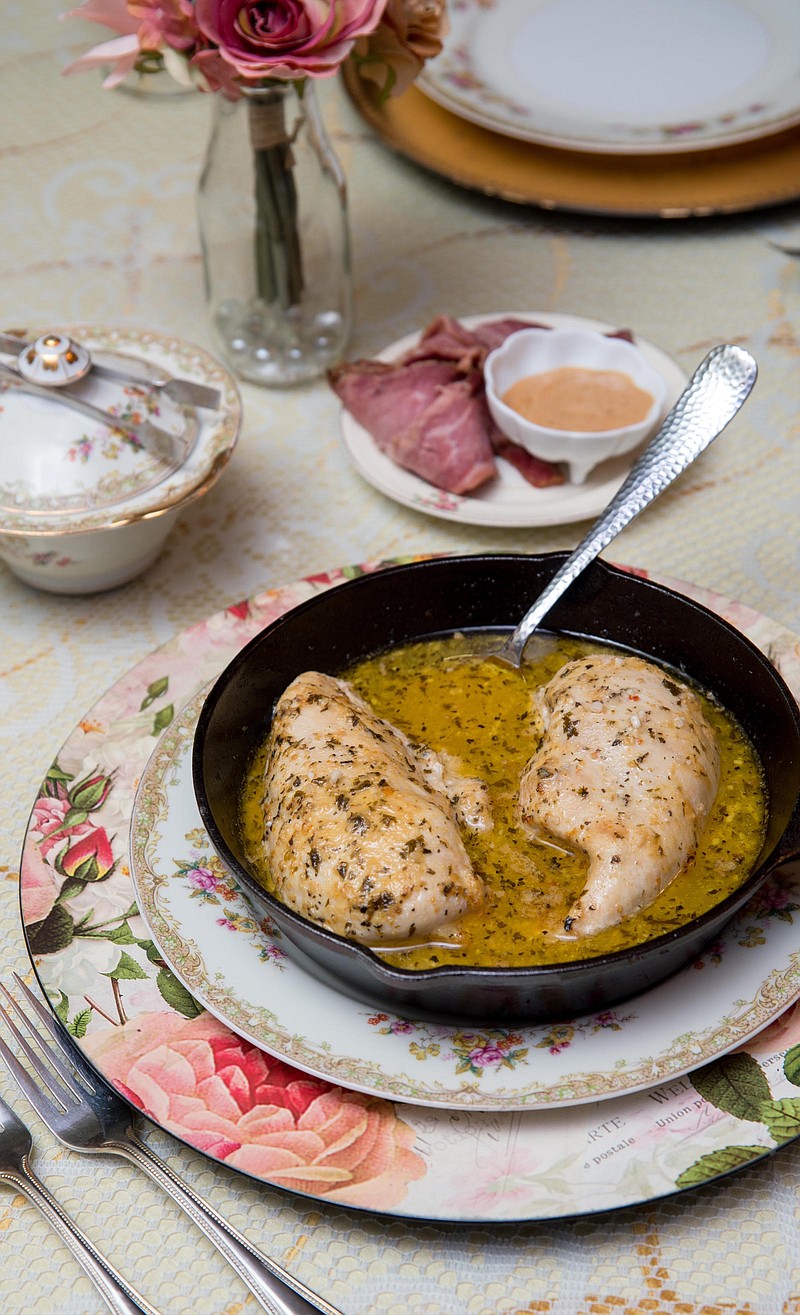 Garlic Parmesan chicken is one of the menu choices for Valentine's Day dinner at Mountain Oaks Tea Room in Ooltewah.