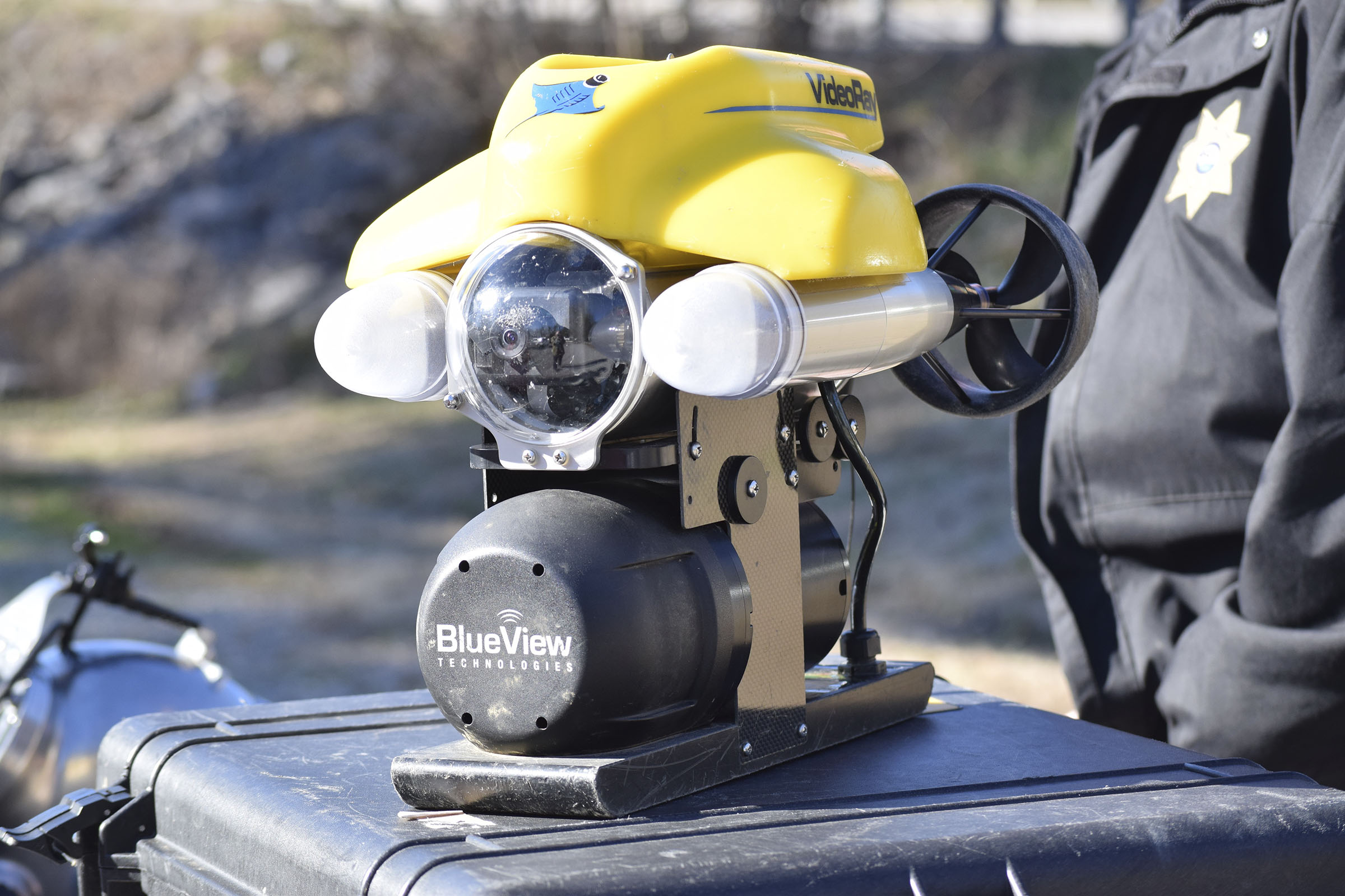 This underwater remotely-operated vehicle is among equipment being used in the search for a missing pilot and his plane after a crash Monday on Chickamauga Lake. / Staff Photo by Ben Benton