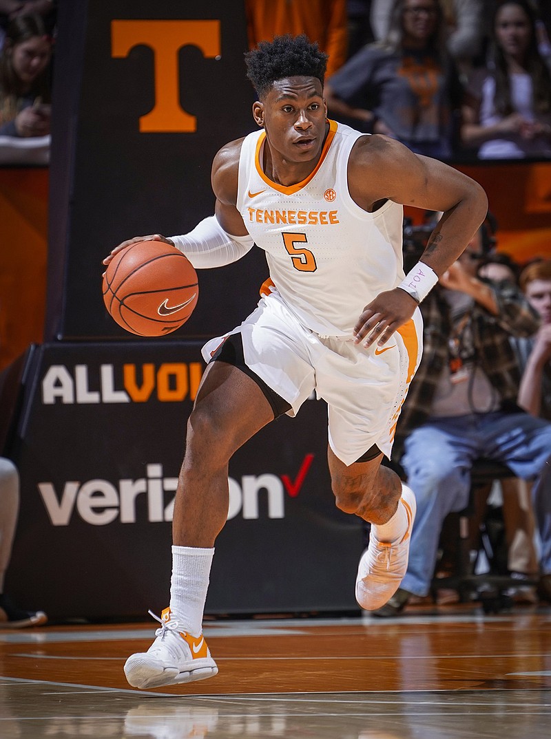 Tennessee's Admiral Scholfield, shown during a game against Eastern Kentucky in November at Thompson-Boling Arena in Knoxville, has struggled on offense in the Vols' past two contests, hard-fought wins against Alabama and Vanderbilt.