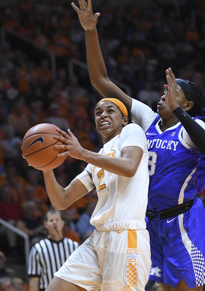 Tennessee guard Evina Westbrook (2) goes up for a shot under the basket before being fouled by Kentucky forward Keke McKinney (3) during the first half of an NCAA college basketball game Thursday, Jan. 10, 2019, in Knoxville, Tenn. (Joy Kimbrough/The Daily Times via AP)

