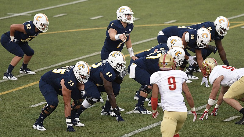 Nick Tiano (7) directs the offense. The University of Tennessee at Chattanooga Mocs hosted the Virginia Military Institute Keydets on Oct. 27, 2018. Saturday was also the Mocs's homecoming game.