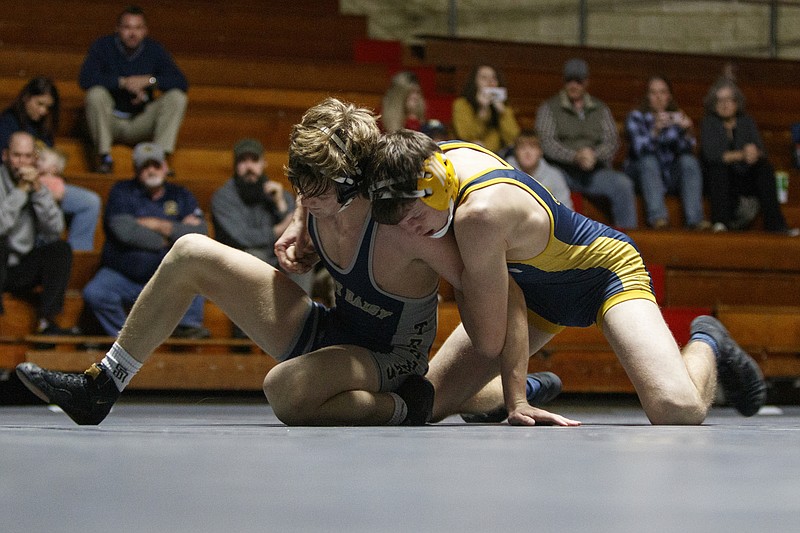 Soddy-Daisy's Trey Vincent, left, and Walker Valley's Ethan West wrestle during a 145-pound bout at the Soddy-Daisy wrestling arena on Thursday, Jan. 10, 2019 in Soddy-Daisy, Tenn. Vincent won by pinning West.