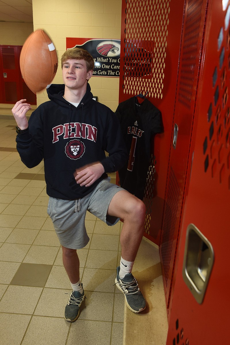 Signal Mountain's Malone Howley, who played football for the first time last season, wears a Penn University hoodie. He will attend the Ivy League school and play for the Quakers.