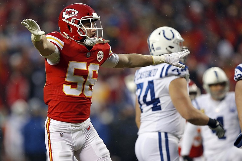 Kansas City Chiefs linebacker Ben Niemann celebrates after Indianapolis Colts kicker Adam Vinatieri, not pictured, missed a field-goal attempt during the first half of the teams' AFC divisional-round playoff game Saturday in Kansas City, Mo.