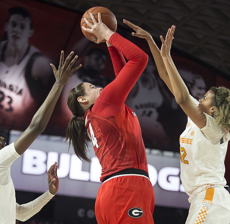 Georgia center Jenna Staiti (14) shoots in the second half of an NCAA college basketball game against Tennessee in Athens, Ga., Sunday, Jan 13, 2019. (Jenn Finch,/Athens Banner-Herald via AP)