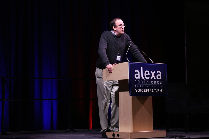 Executive Producer of the Alexa Conference Bradley Metrock speaks to guests during the Alexa Conference Tuesday, January 15, 2019 at the Chattanooga Convention Center in Chattanooga, Tennessee. The event was presented by VoiceFirst.FM.